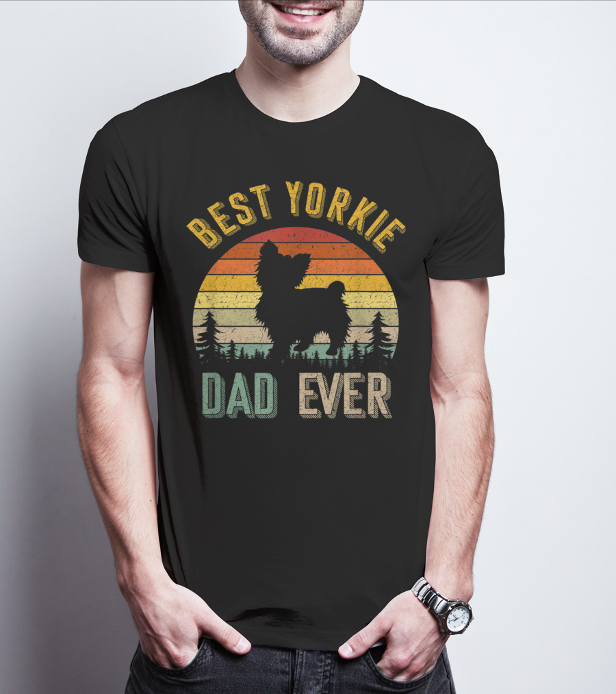 Best Yorkie Dad Ever Vintage 70s Retro Sunset Silhouette Pines T-Shirt
