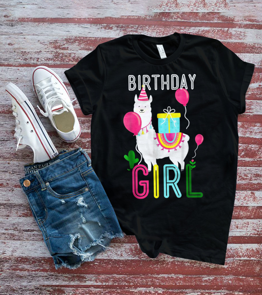 Birthday Girl Llama Cool Cute Alpaca With Balloons And Present T-Shirt