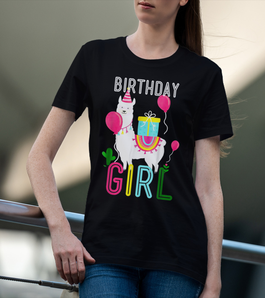 Birthday Girl Llama Cool Cute Alpaca With Balloons And Present T-Shirt
