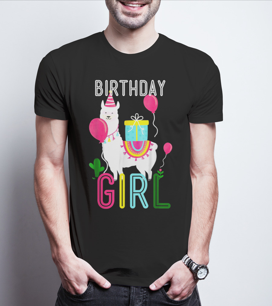 Birthday Girl Llama Cool Cute Alpaca With Balloons And Present T-Shirt