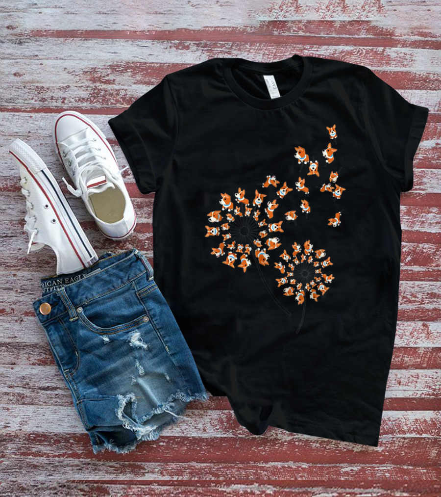 Corgi Dandelion Flower Pattern Multiple Corgis T-Shirt