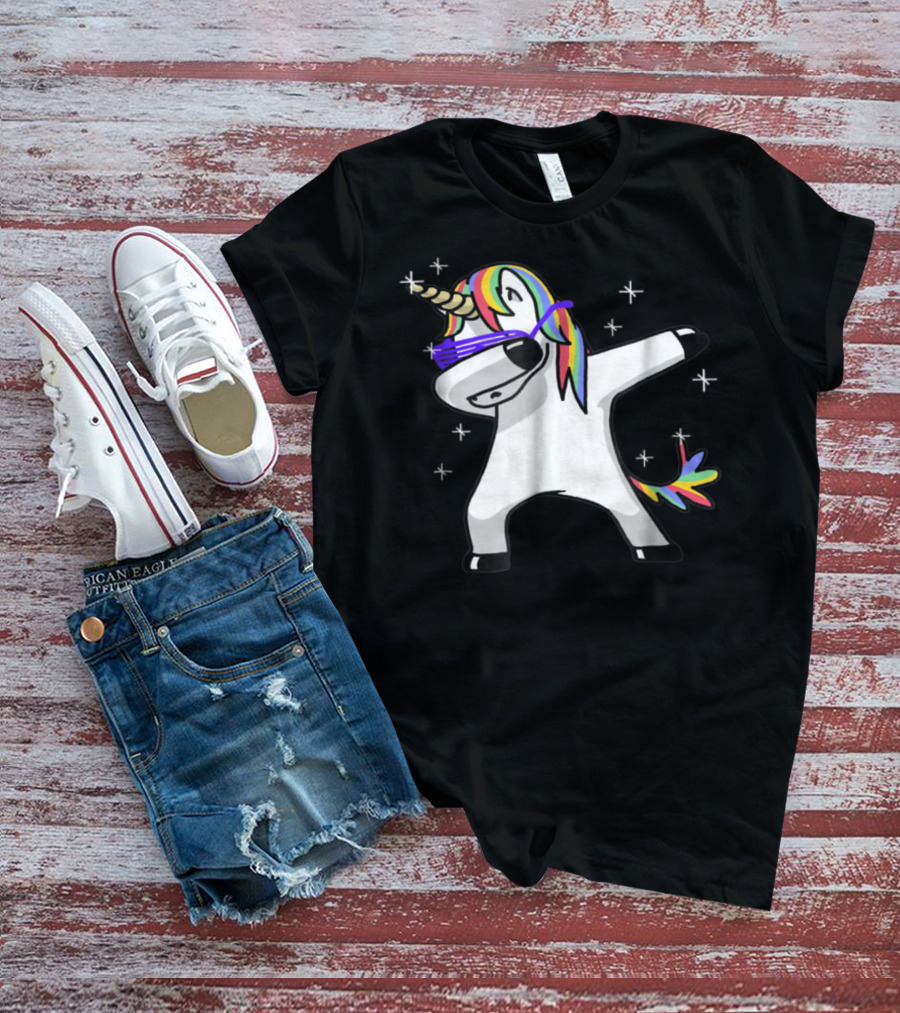 Rainbow Dabbing Unicorn With Sunglasses And Stars T-Shirt