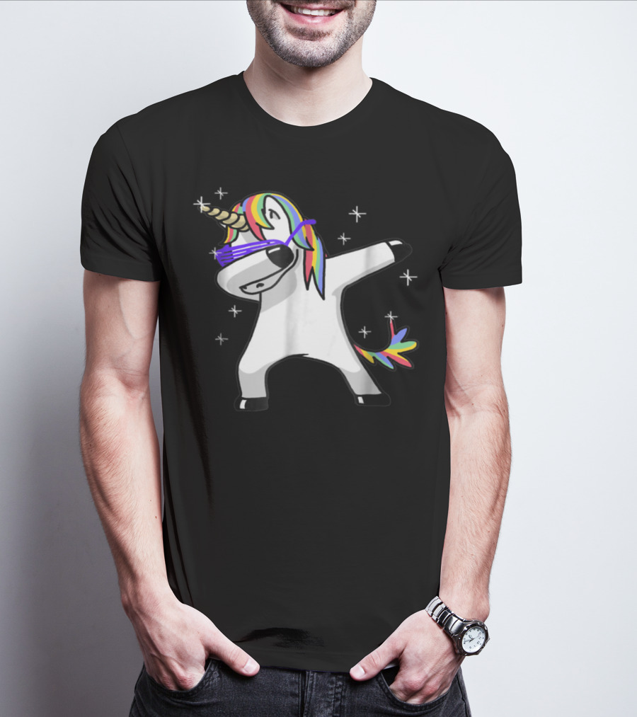 Rainbow Dabbing Unicorn With Sunglasses And Stars T-Shirt