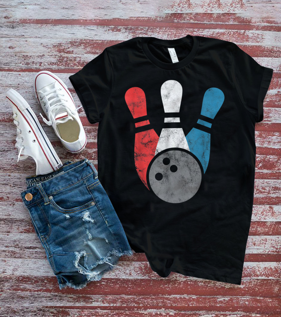 Distressed Red White Blue Bowling Pins With Bowling Ball T-Shirt