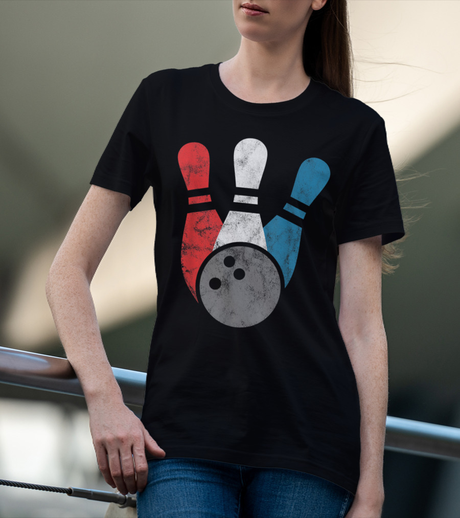 Distressed Red White Blue Bowling Pins With Bowling Ball T-Shirt
