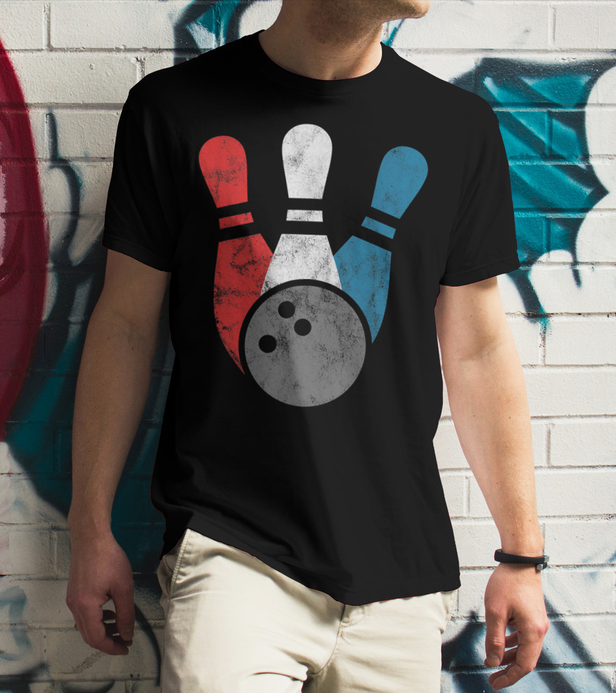 Distressed Red White Blue Bowling Pins With Bowling Ball T-Shirt