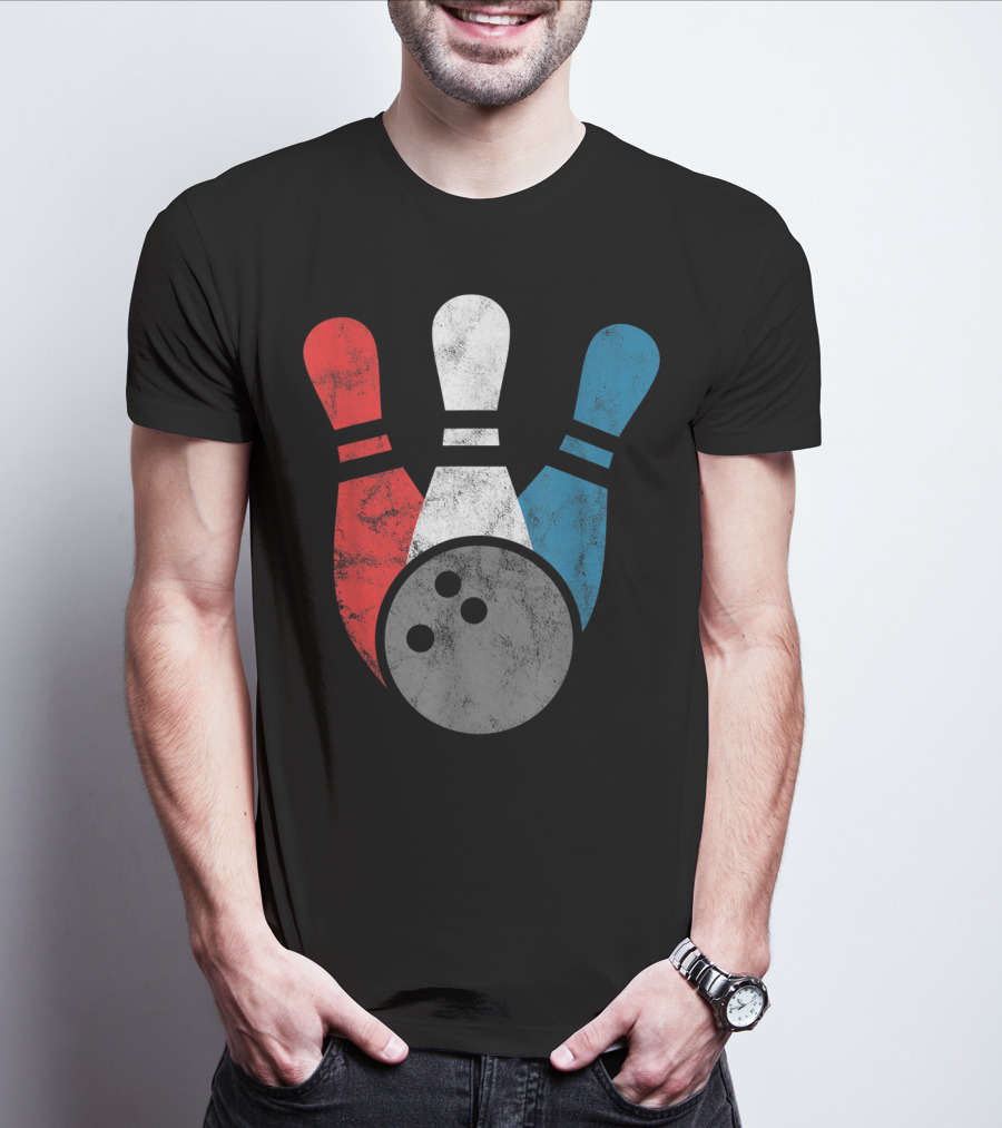 Distressed Red White Blue Bowling Pins With Bowling Ball T-Shirt