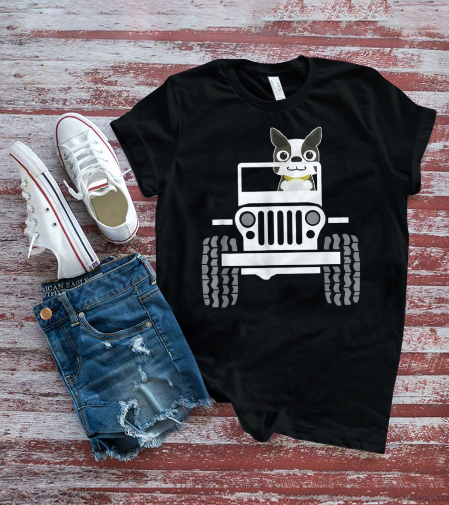 Funny Boston Terrier Dog In Jeep Dad T-Shirt