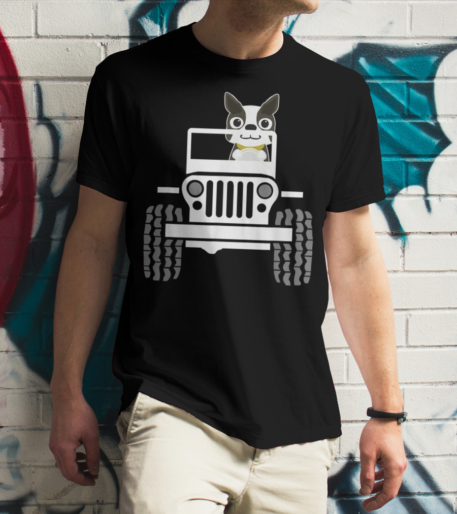 Funny Boston Terrier Dog In Jeep Dad T-Shirt