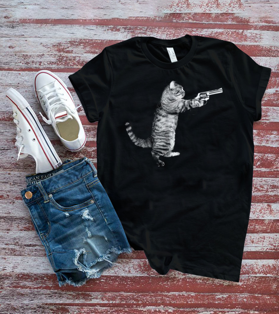 Gun Kitty Funny Cat Holding Revolver T-Shirt