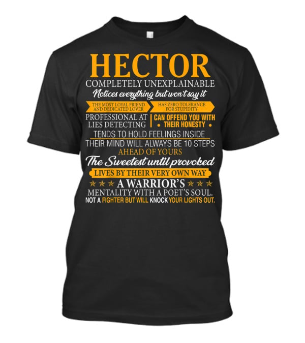 HECTOR Completely Unexplainable Notices Everything Professional Lies Detecting Warrior's Mentality Poet's Soul T-Shirt