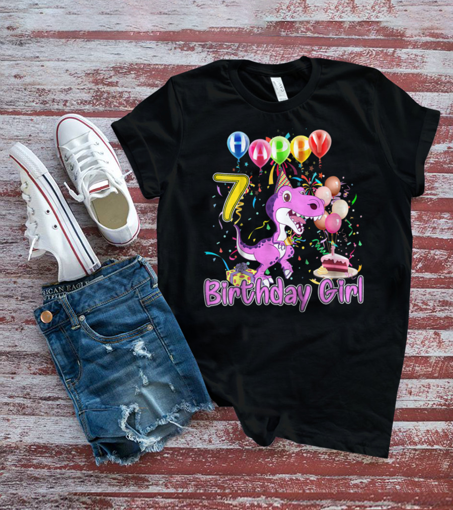 Happy 7 Birthday Girl Dinosaur Party Balloons Cake T-Shirt