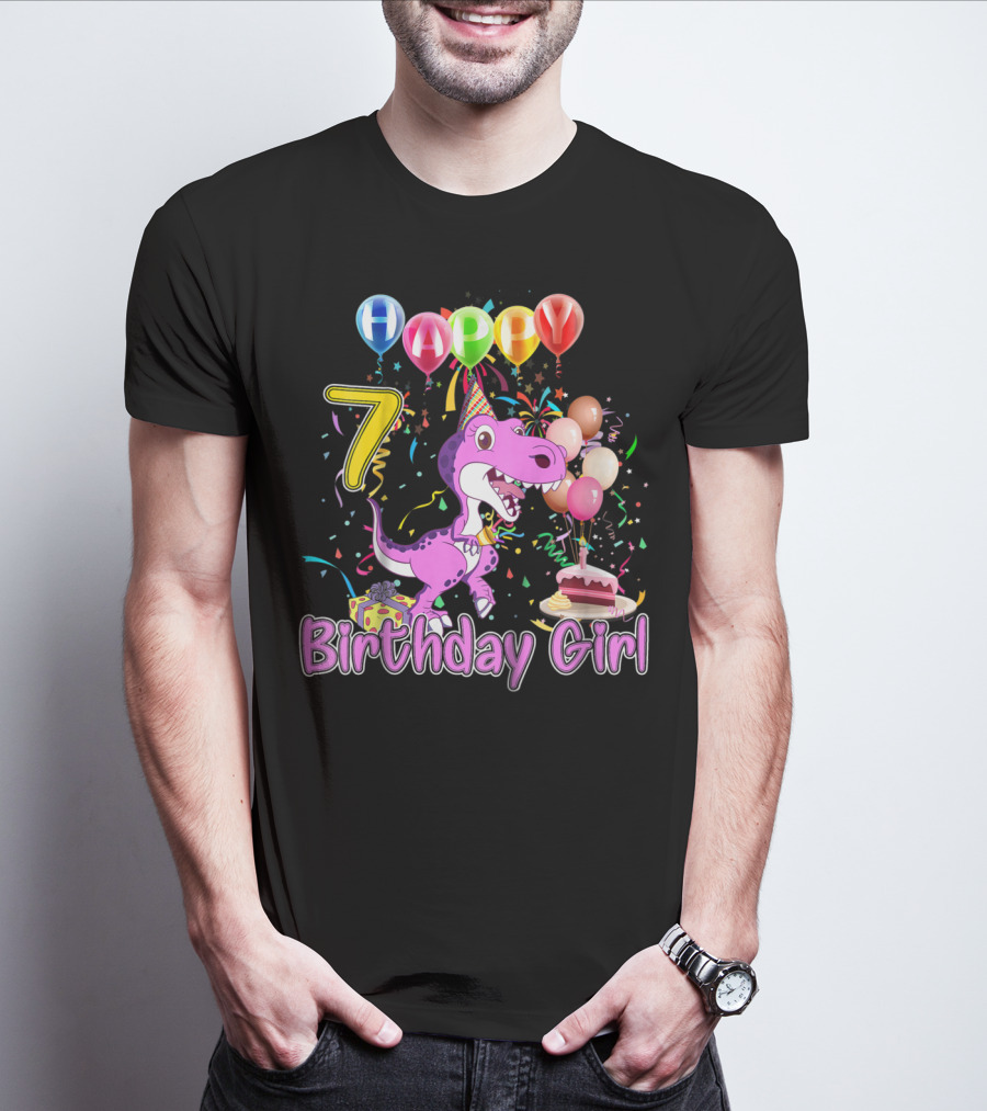Happy 7 Birthday Girl Dinosaur Party Balloons Cake T-Shirt