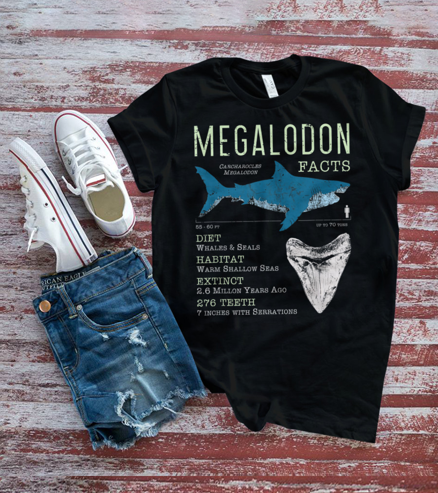 Megalodon Facts Funny Shark Lover Carcharocles Megalodon Diet Habitat Extinct 276 Teeth T-Shirt