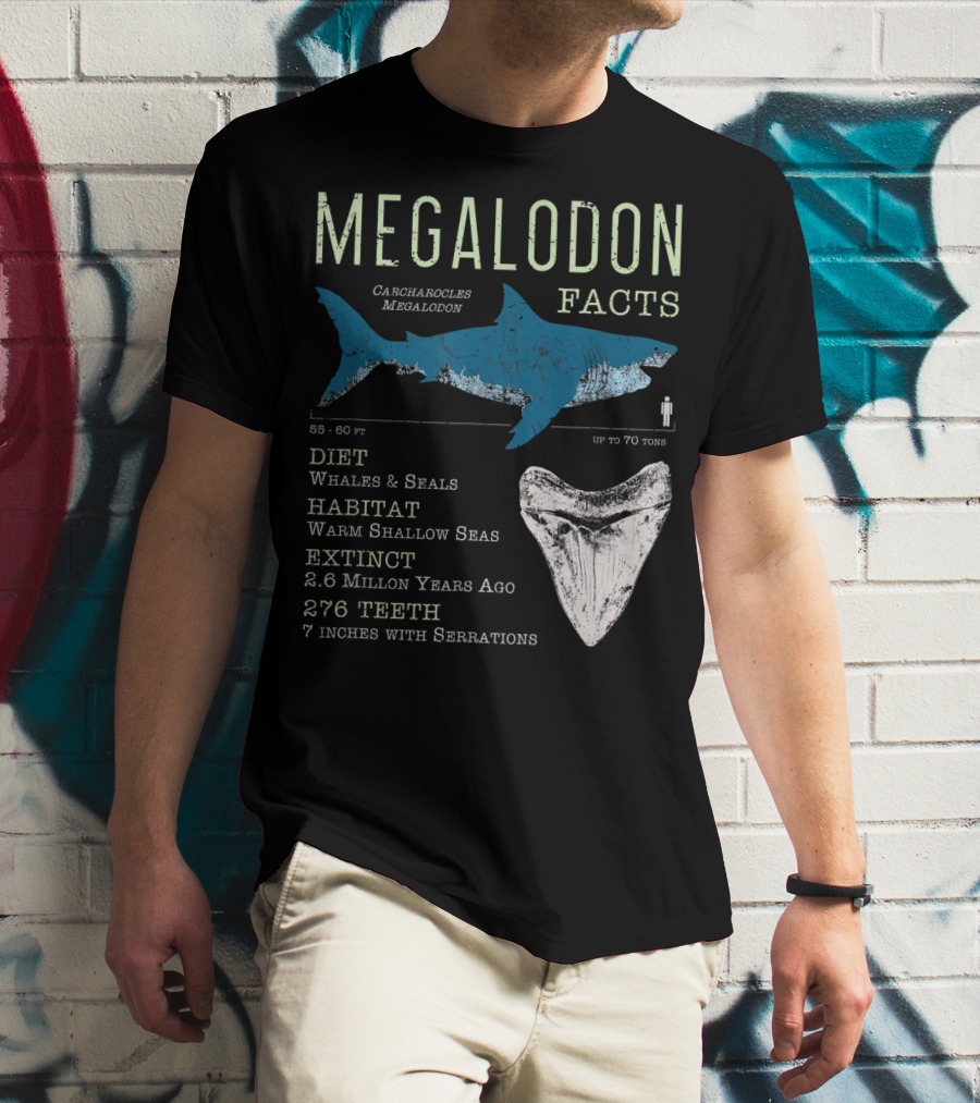 Megalodon Facts Funny Shark Lover Carcharocles Megalodon Diet Habitat Extinct 276 Teeth T-Shirt