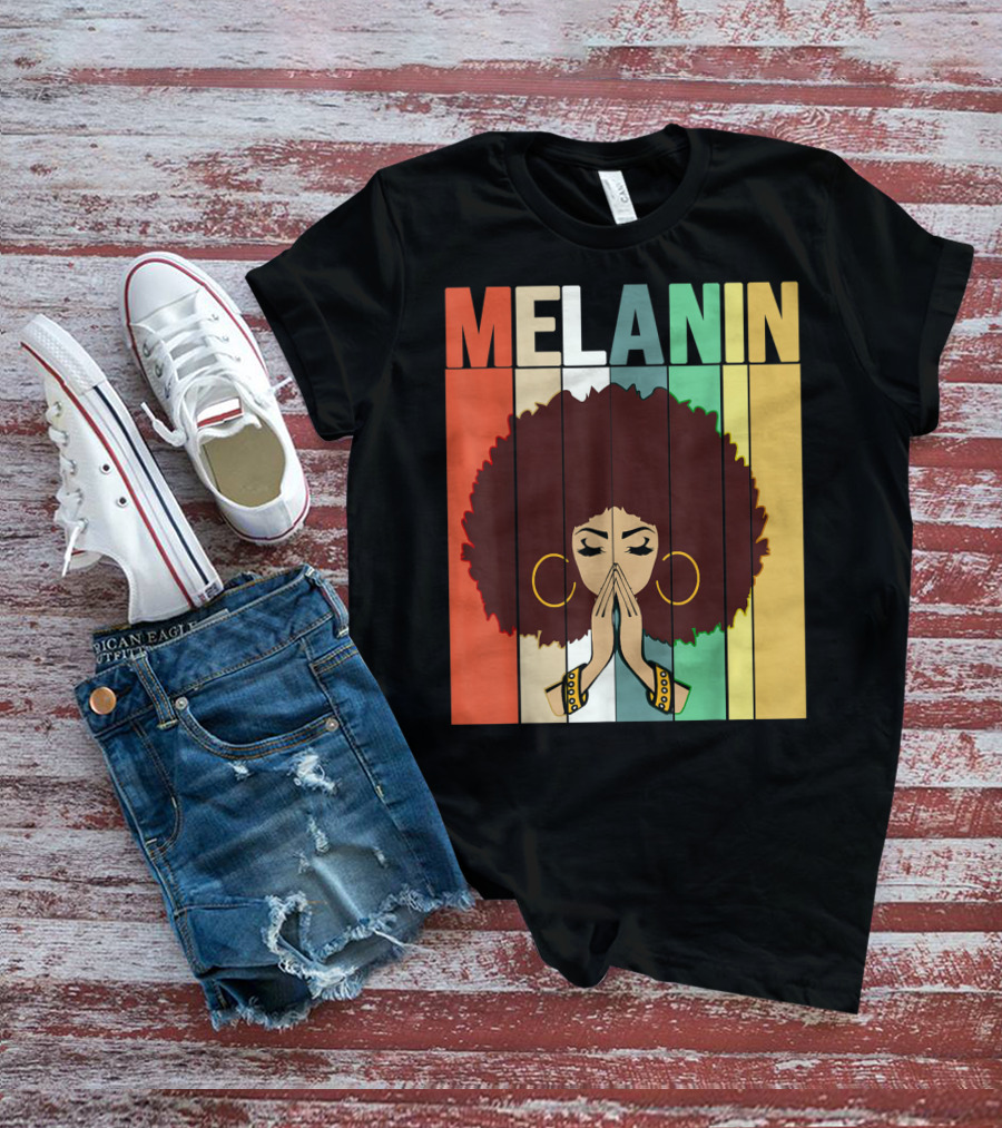 Melanin Vintage Black Afro Woman Prayer Hands Golden Hoop Earrings T-Shirt