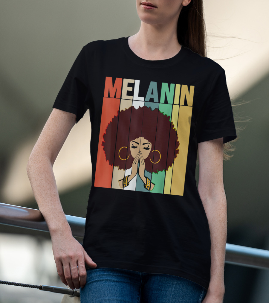 Melanin Vintage Black Afro Woman Prayer Hands Golden Hoop Earrings T-Shirt