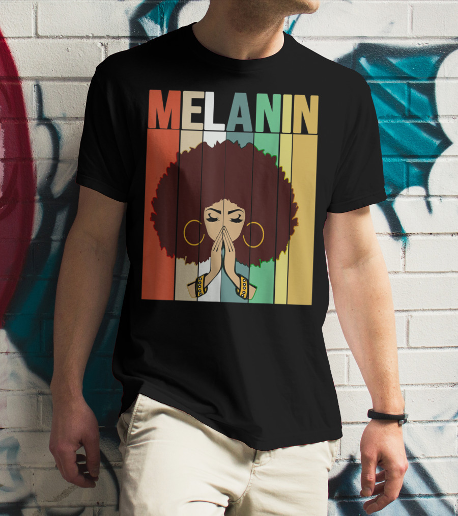 Melanin Vintage Black Afro Woman Prayer Hands Golden Hoop Earrings T-Shirt