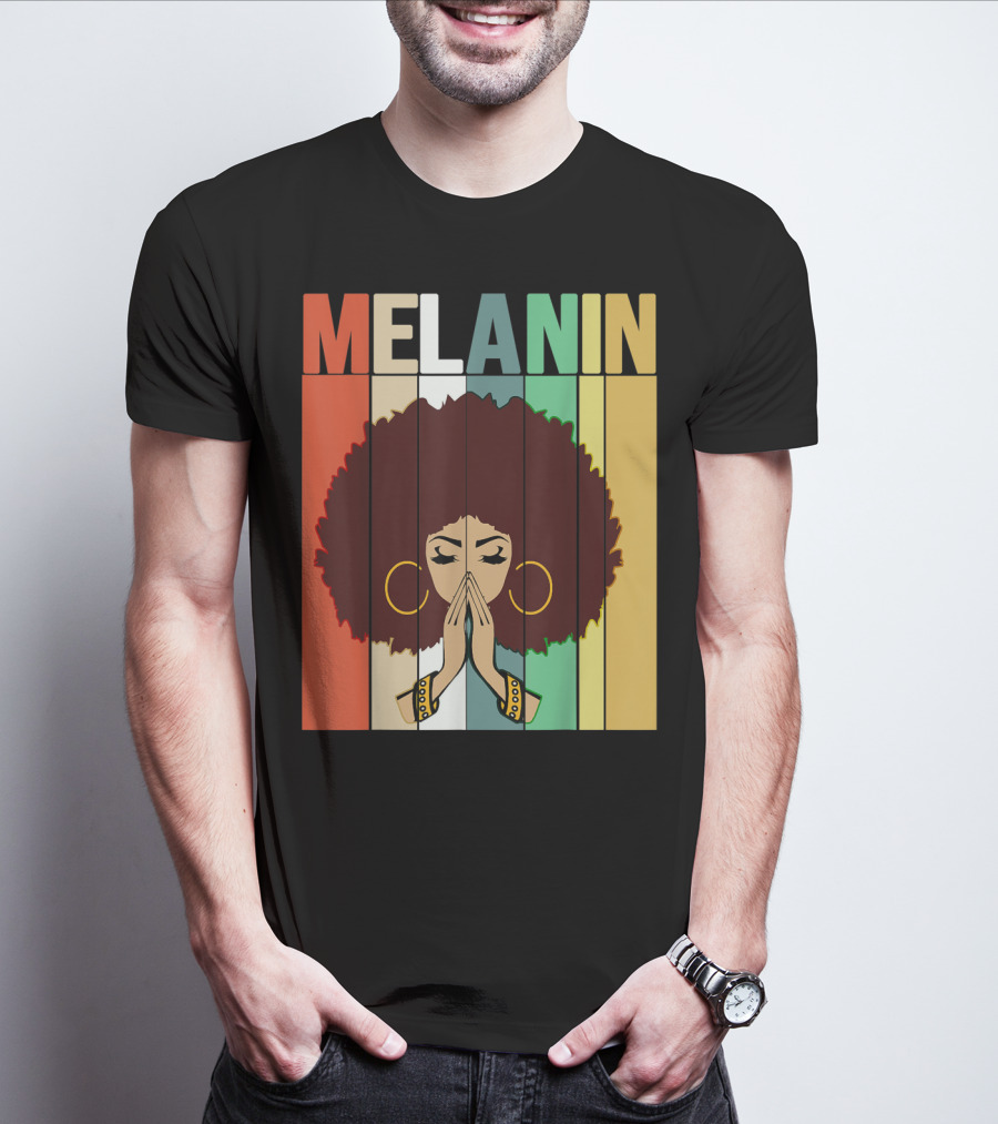 Melanin Vintage Black Afro Woman Prayer Hands Golden Hoop Earrings T-Shirt