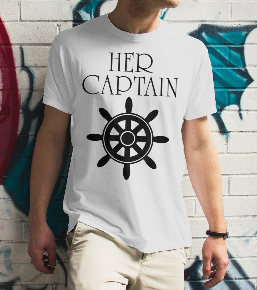 Mens Funny Cruise Her Captain His Anchor Couple Nautical Wheel T-Shirt