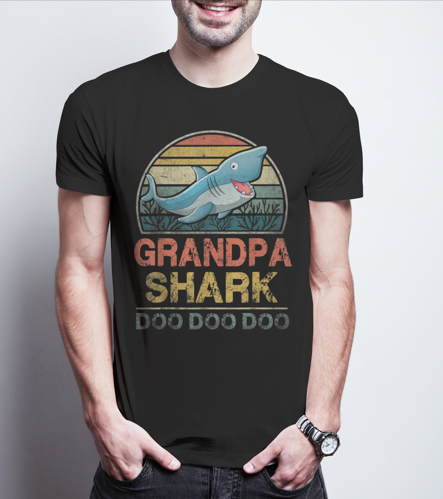 Grandpa Shark Doo Doo Doo Father's Day Retro Sunset Ocean T-Shirt