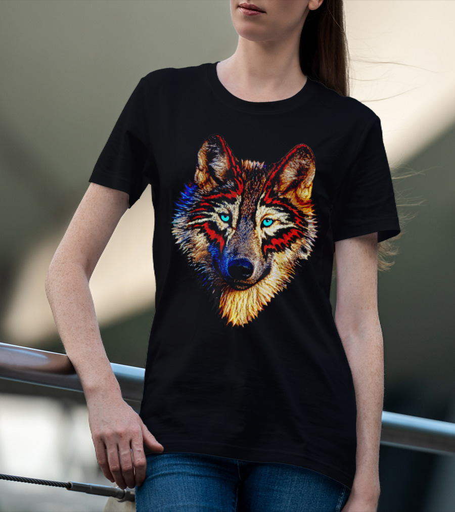 Mens Womens Kids Native American Timber Wolf Cool Bright Colorful Wolf Face T-Shirt