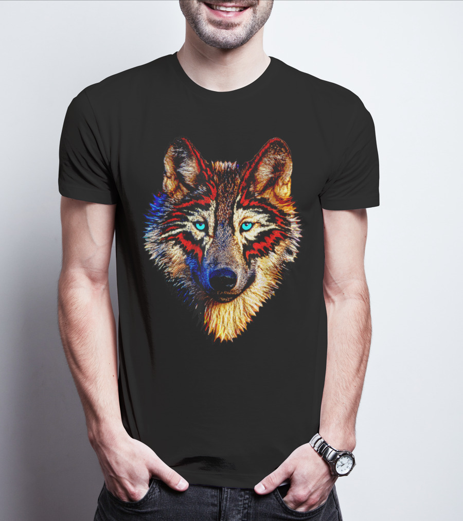 Mens Womens Kids Native American Timber Wolf Cool Bright Colorful Wolf Face T-Shirt