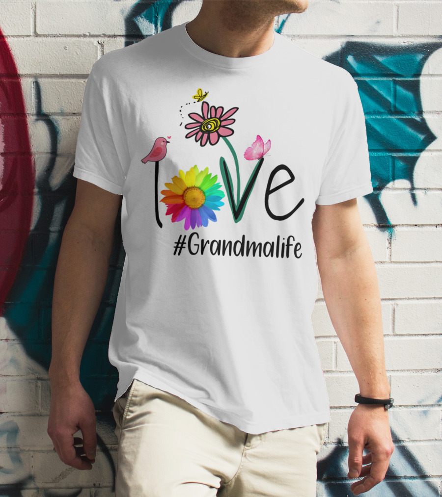 Love #Grandmalife Rainbow Heart Floral Bird Butterfly T-Shirt