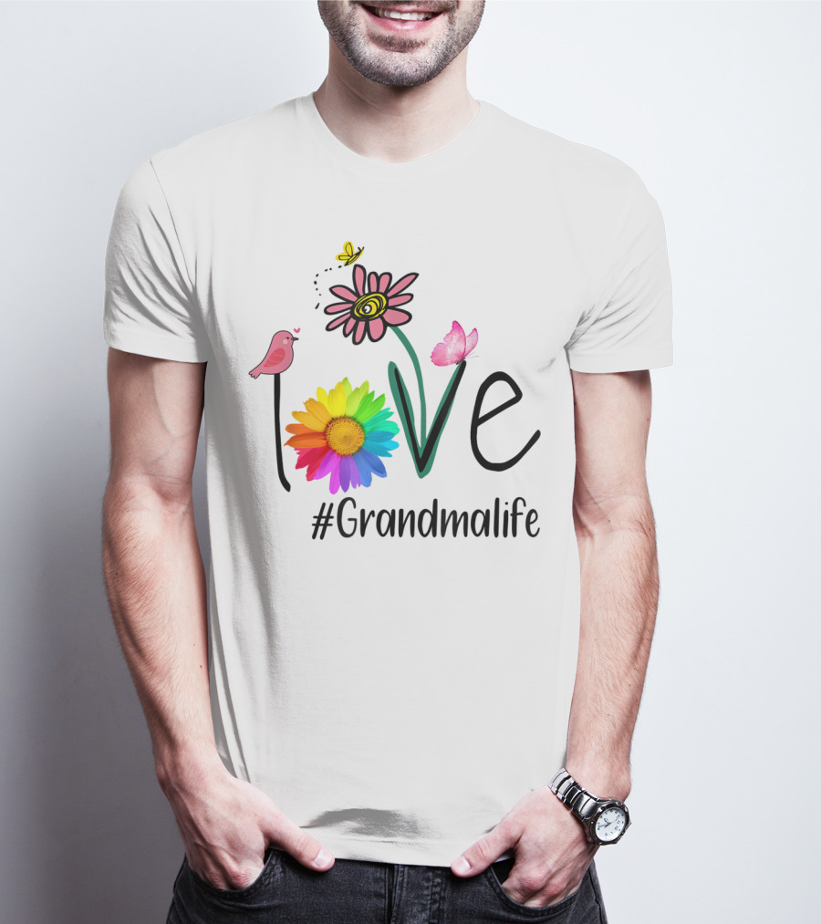 Love #Grandmalife Rainbow Heart Floral Bird Butterfly T-Shirt