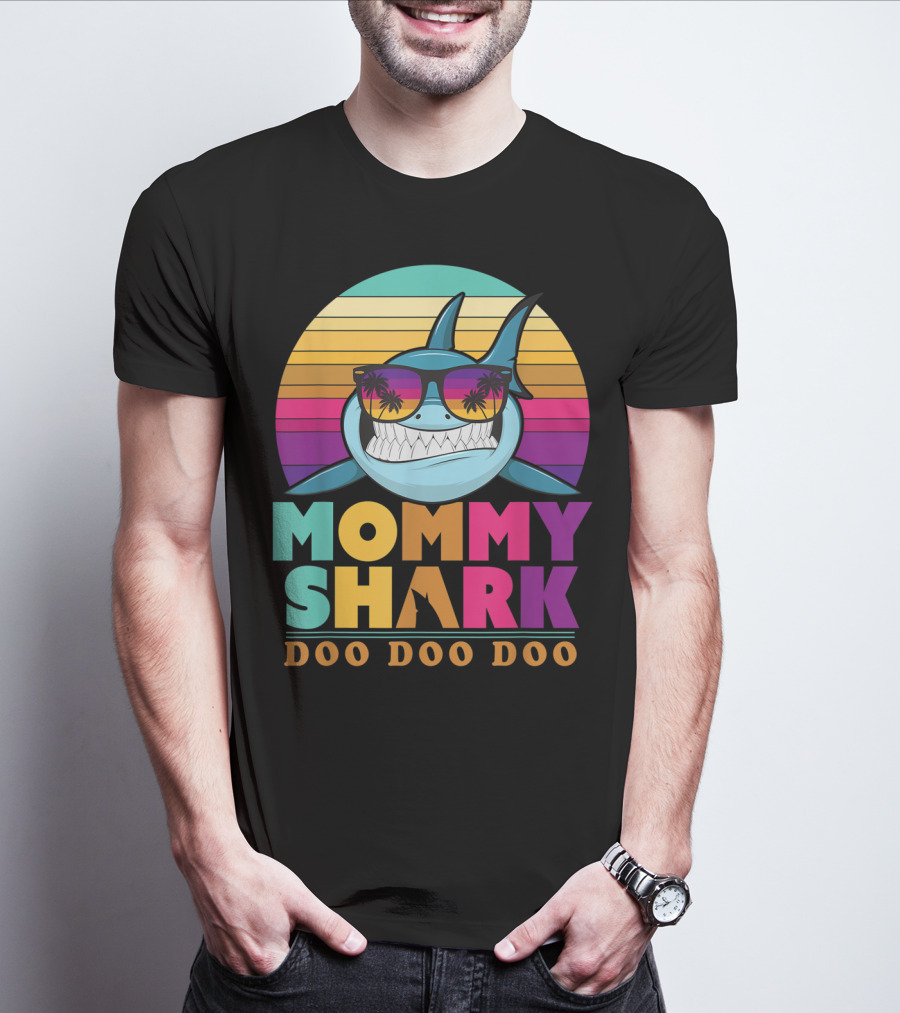 Mommy Shark Doo Doo Doo Retro Sunset With Sunglasses T-Shirt