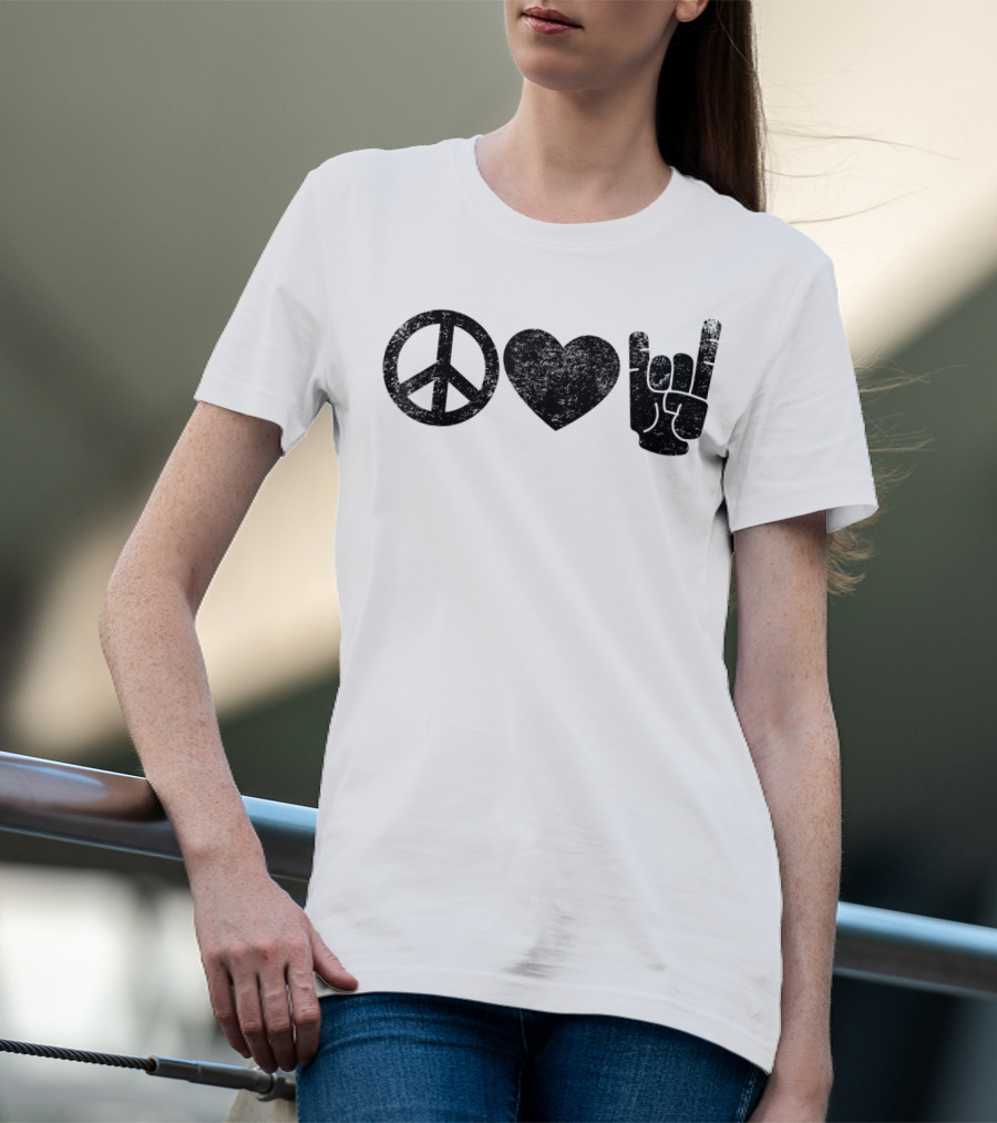 Peace Love Rock And Roll Icons Symbolizing Harmony Affection And Music Enthusiast Gesture T-Shirt