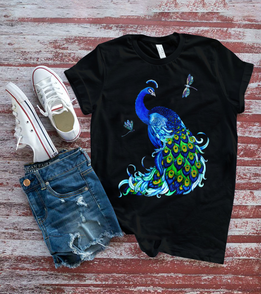 Peacock Elegance With Vibrant Dragonflies T-Shirt