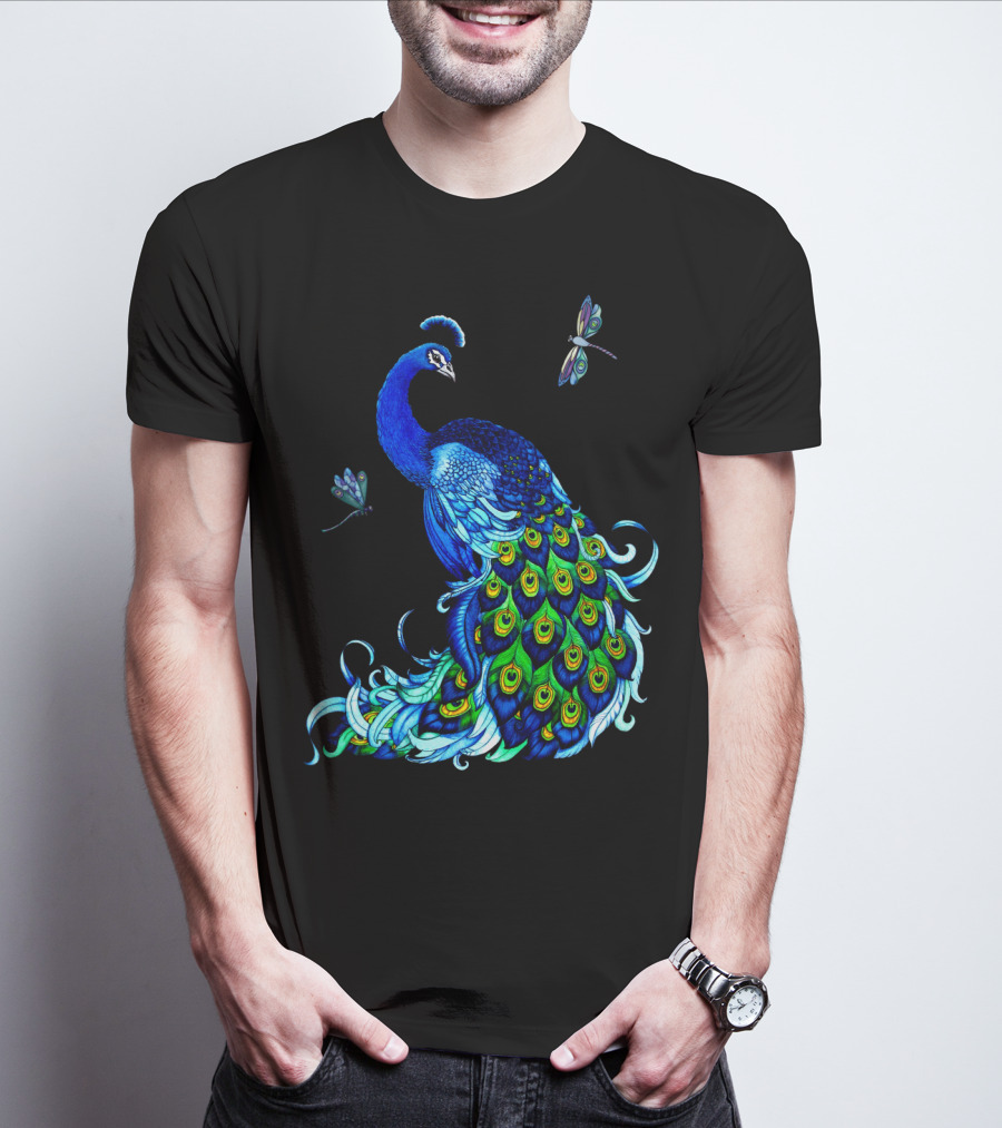 Peacock Elegance With Vibrant Dragonflies T-Shirt