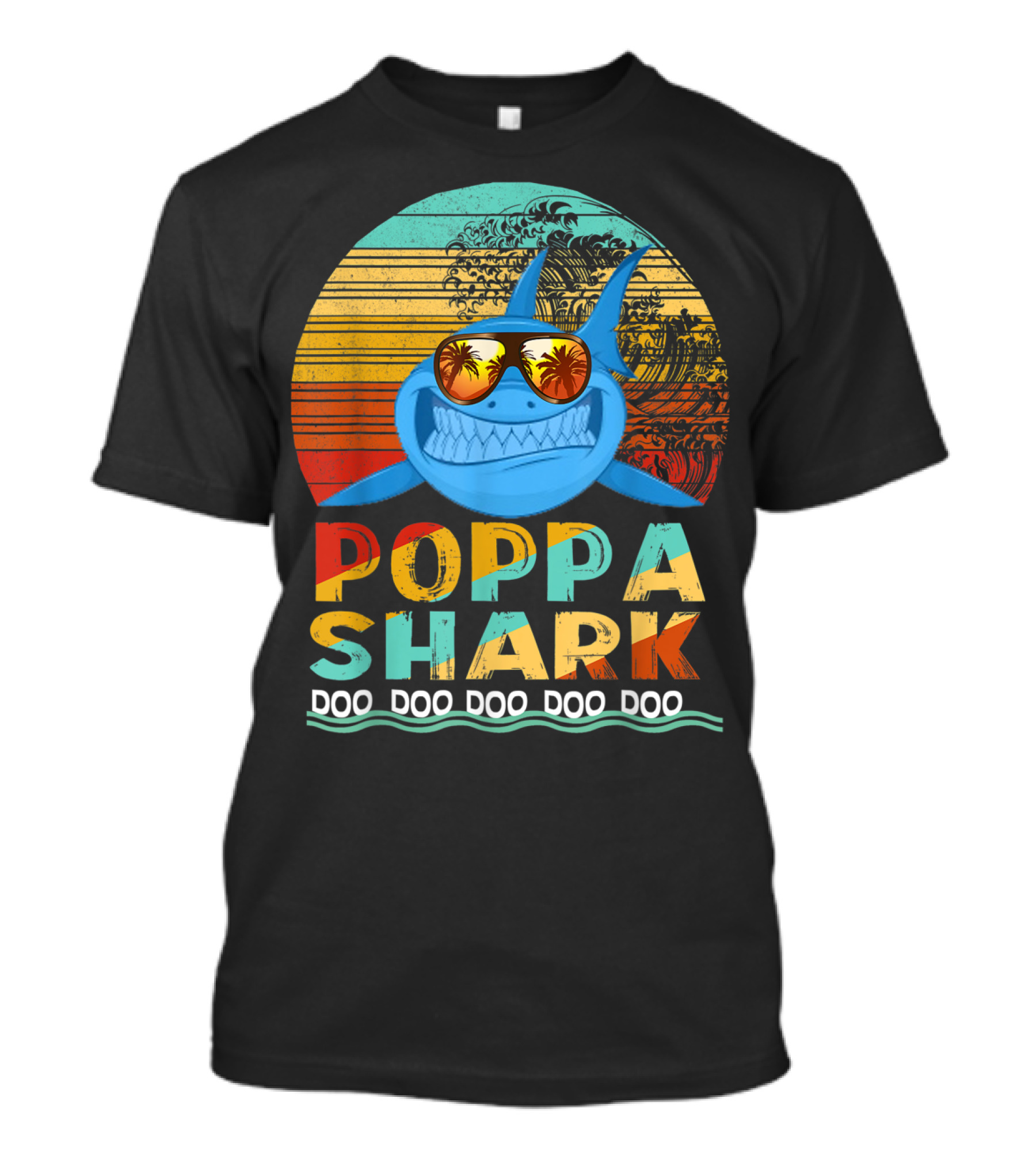 Poppa Shark Doo Doo Doo Doo Doo Retro Sunset Palm Trees Sunglasses T-Shirt