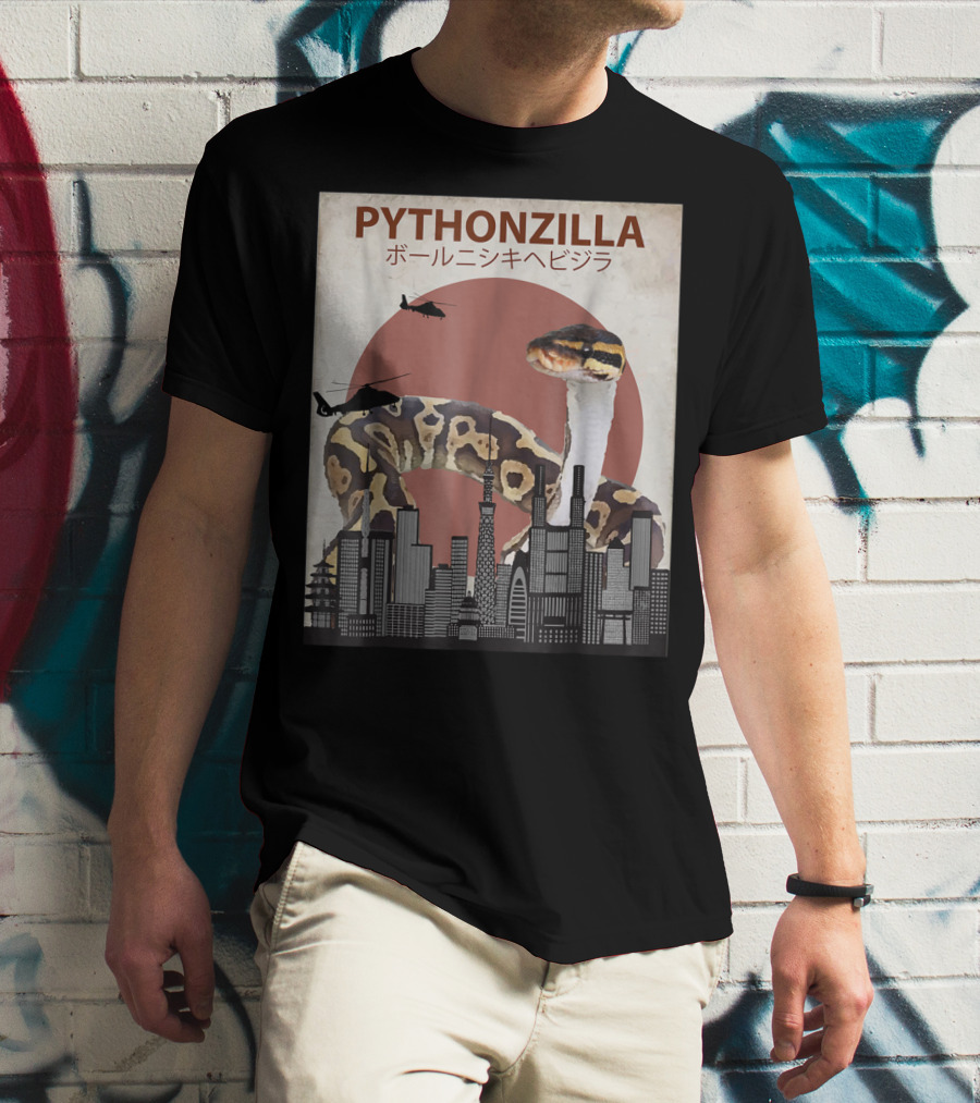 Pythonzilla Ball Python Funny Snake Skyline Helicopter Japanese Text T-Shirt