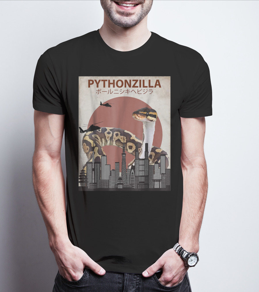 Pythonzilla Ball Python Funny Snake Skyline Helicopter Japanese Text T-Shirt