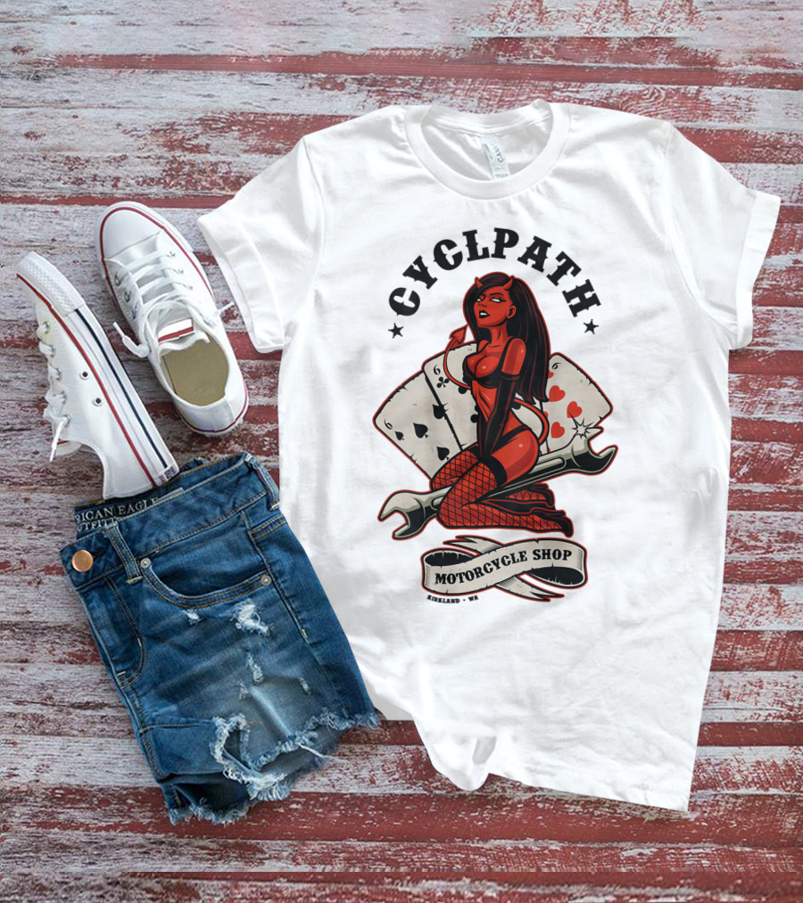Cyclpath Red She Devil Motorcycle Shop Kirkland Poker Cards T-Shirt