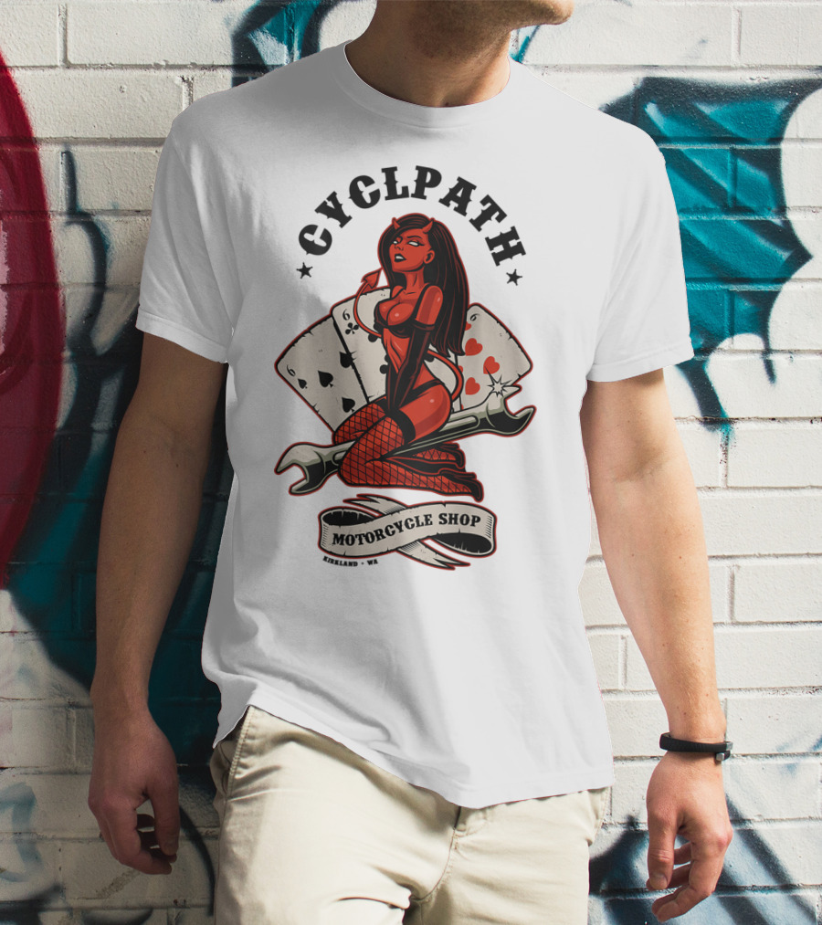 Cyclpath Red She Devil Motorcycle Shop Kirkland Poker Cards T-Shirt