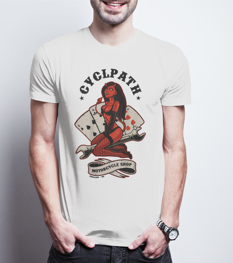 Cyclpath Red She Devil Motorcycle Shop Kirkland Poker Cards T-Shirt