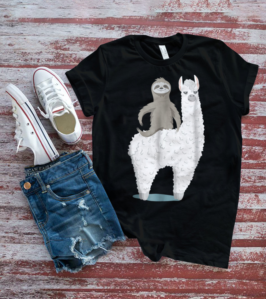 Sloth Joyfully Riding A White Llama T-Shirt