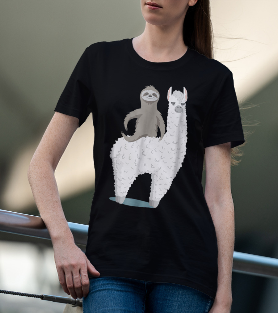 Sloth Joyfully Riding A White Llama T-Shirt