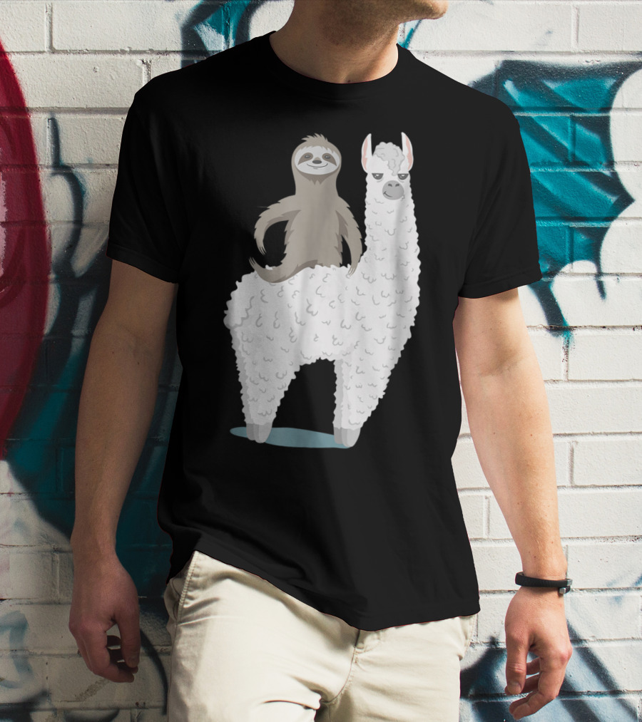 Sloth Joyfully Riding A White Llama T-Shirt