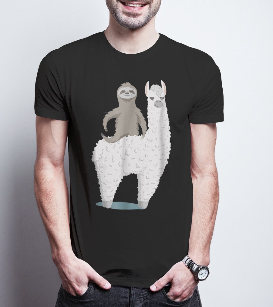 Sloth Joyfully Riding A White Llama T-Shirt