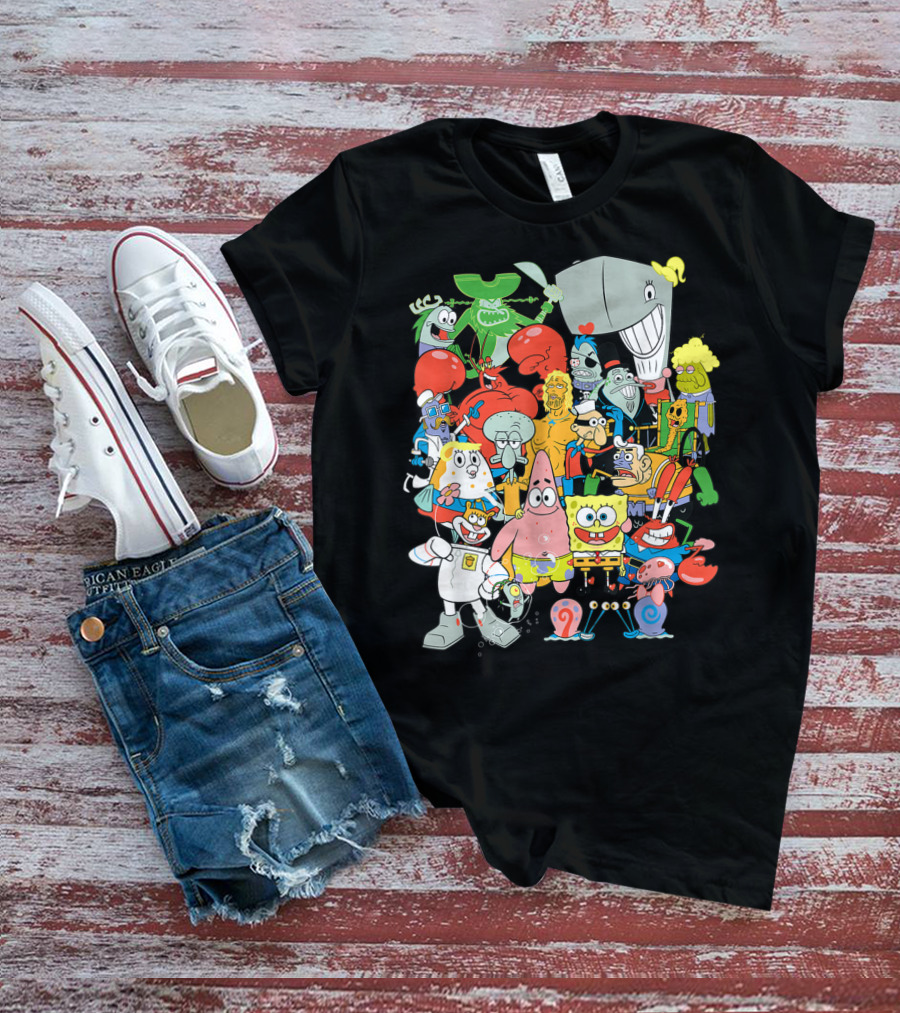SpongeBob SquarePants Character Collage Featuring Patrick, Squidward, Sandy, Mr. Krabs, Plankton, And More T-Shirt