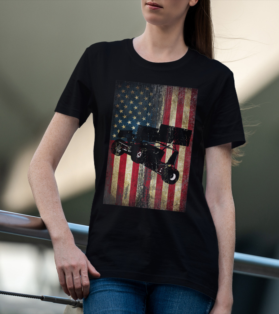 Distressed American Flag With Sprint Car Racing T-Shirt