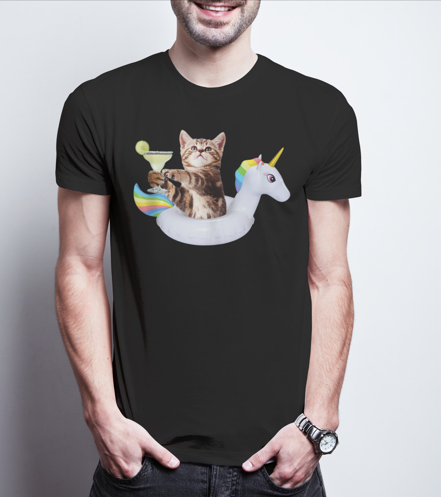 Kitty With Margarita On Rainbow Unicorn Float T-Shirt