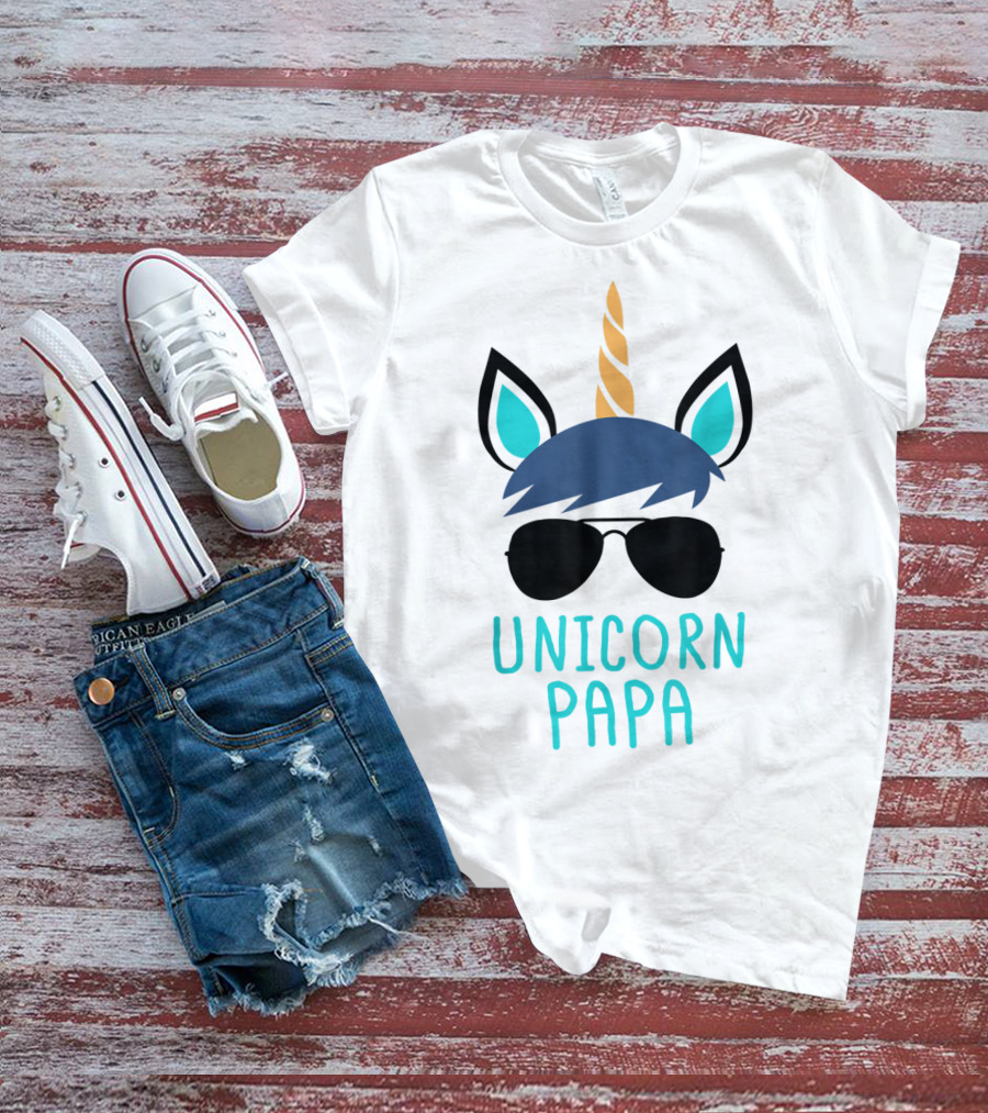 Unicorn Papa Sunglasses Blue Mane Horn Ears T-Shirt