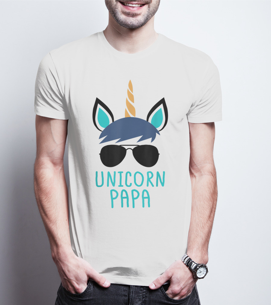 Unicorn Papa Sunglasses Blue Mane Horn Ears T-Shirt
