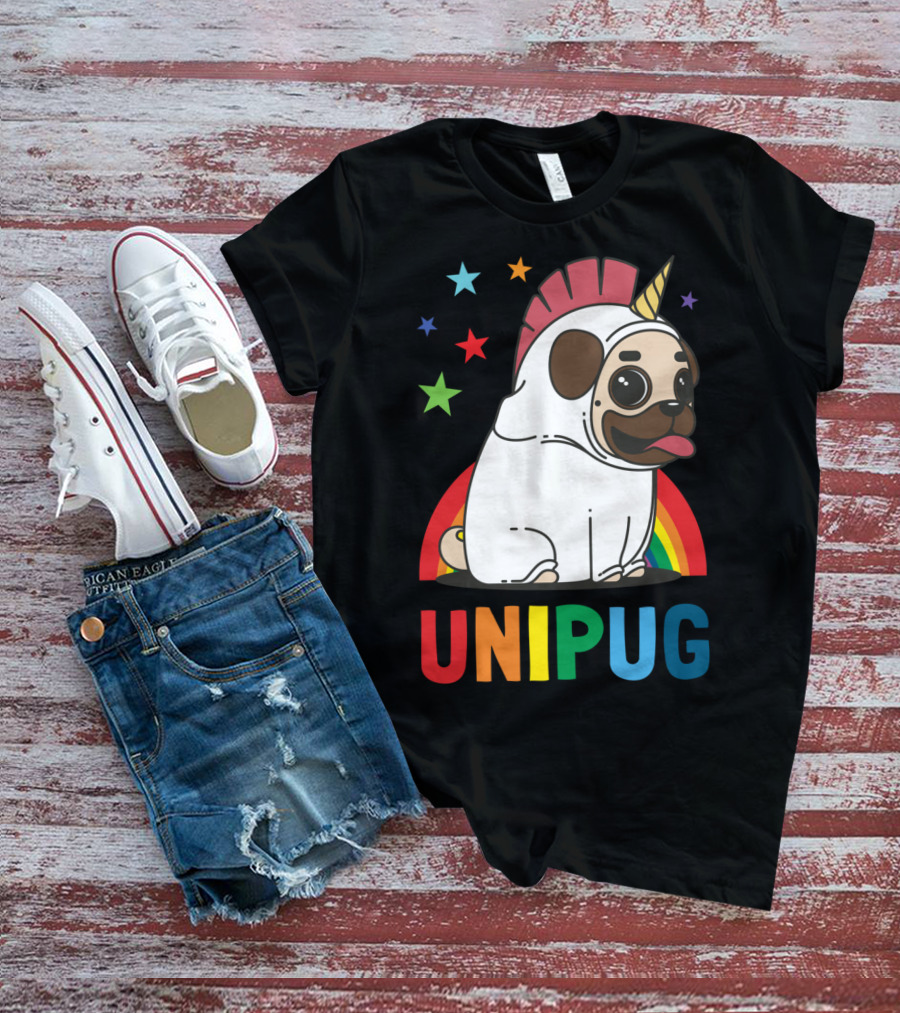 UNIPUG Rainbow Unicorn Pug Dog With Stars T-Shirt