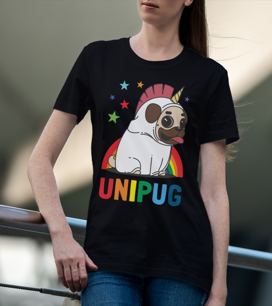 UNIPUG Rainbow Unicorn Pug Dog With Stars T-Shirt